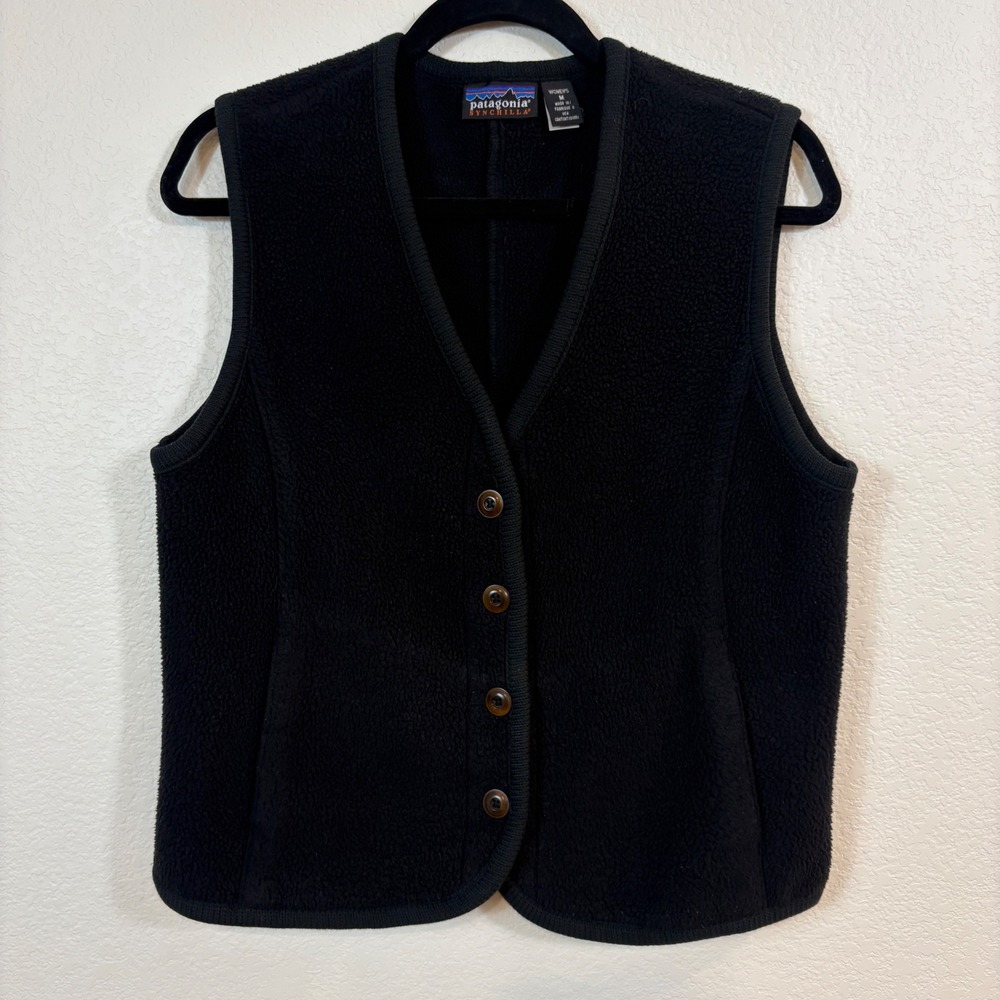 Patagonia Fleece Vest Women M Black Vintage 90s Synchilla Button Front Gorpcore